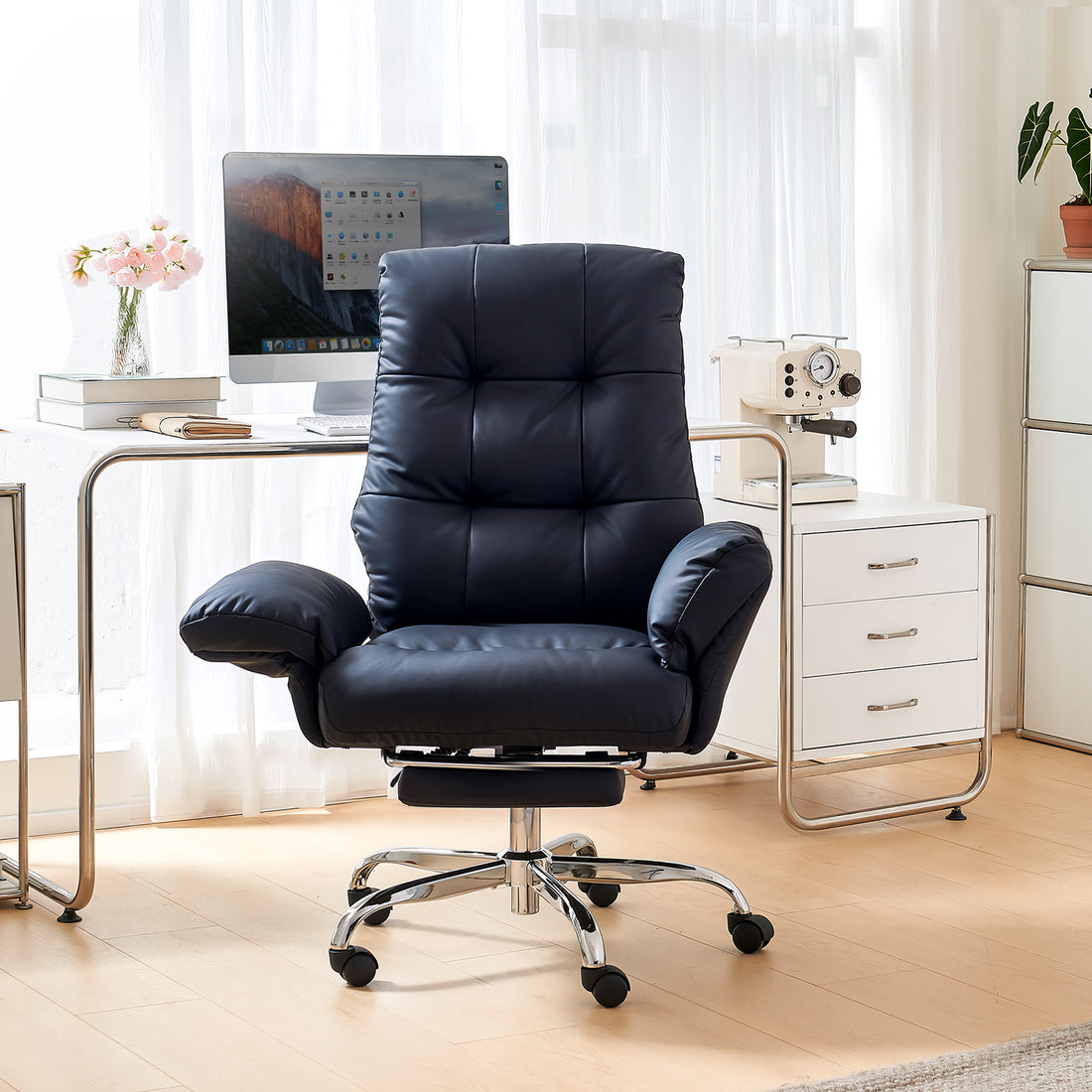 EMIAH C590 Office Chair with Foot Rest Criss Cross and Flip-up Arms Reclining Comfy PU Leather
