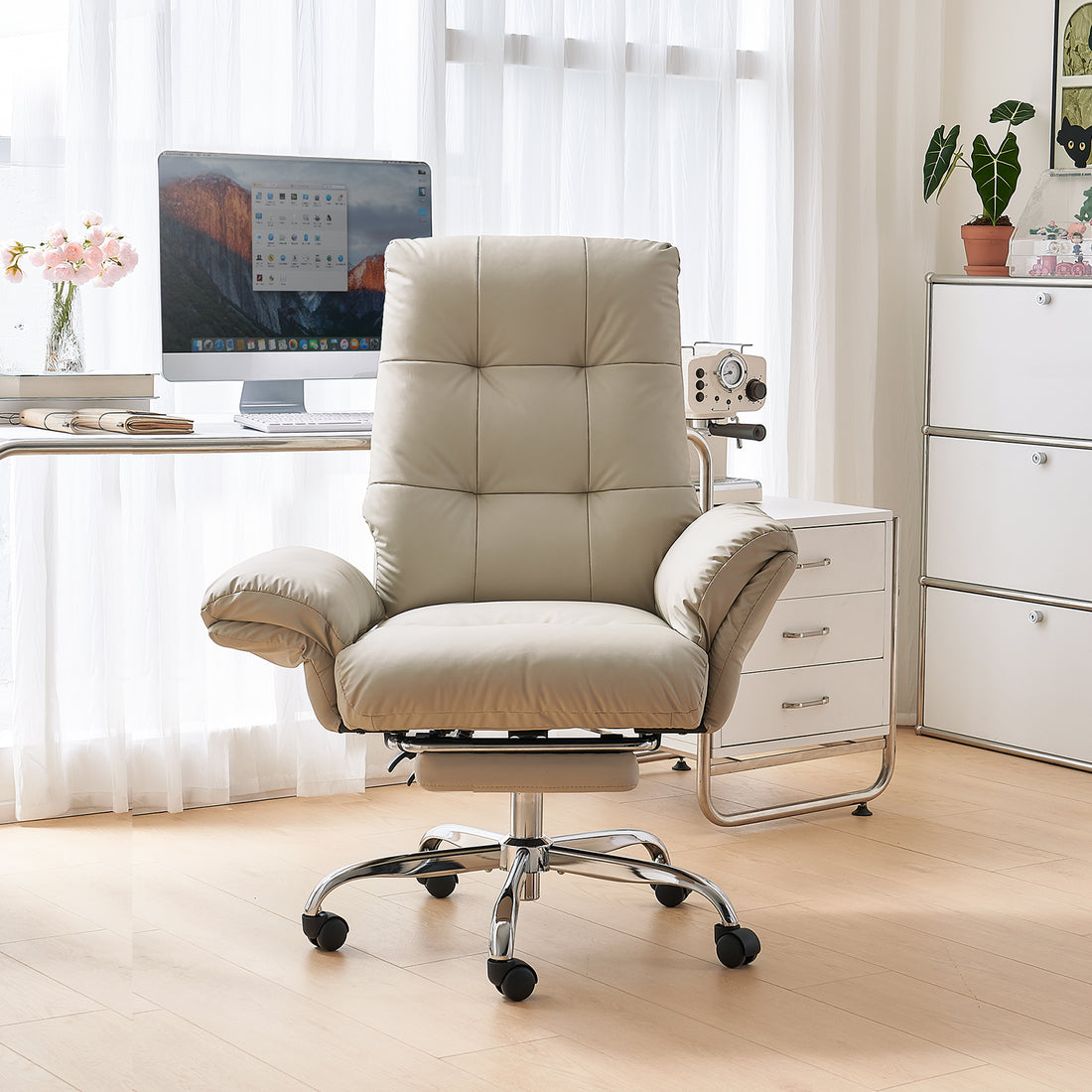 EMIAH C590 Office Chair with Foot Rest Criss Cross and Flip-up Arms Reclining Comfy PU Leather