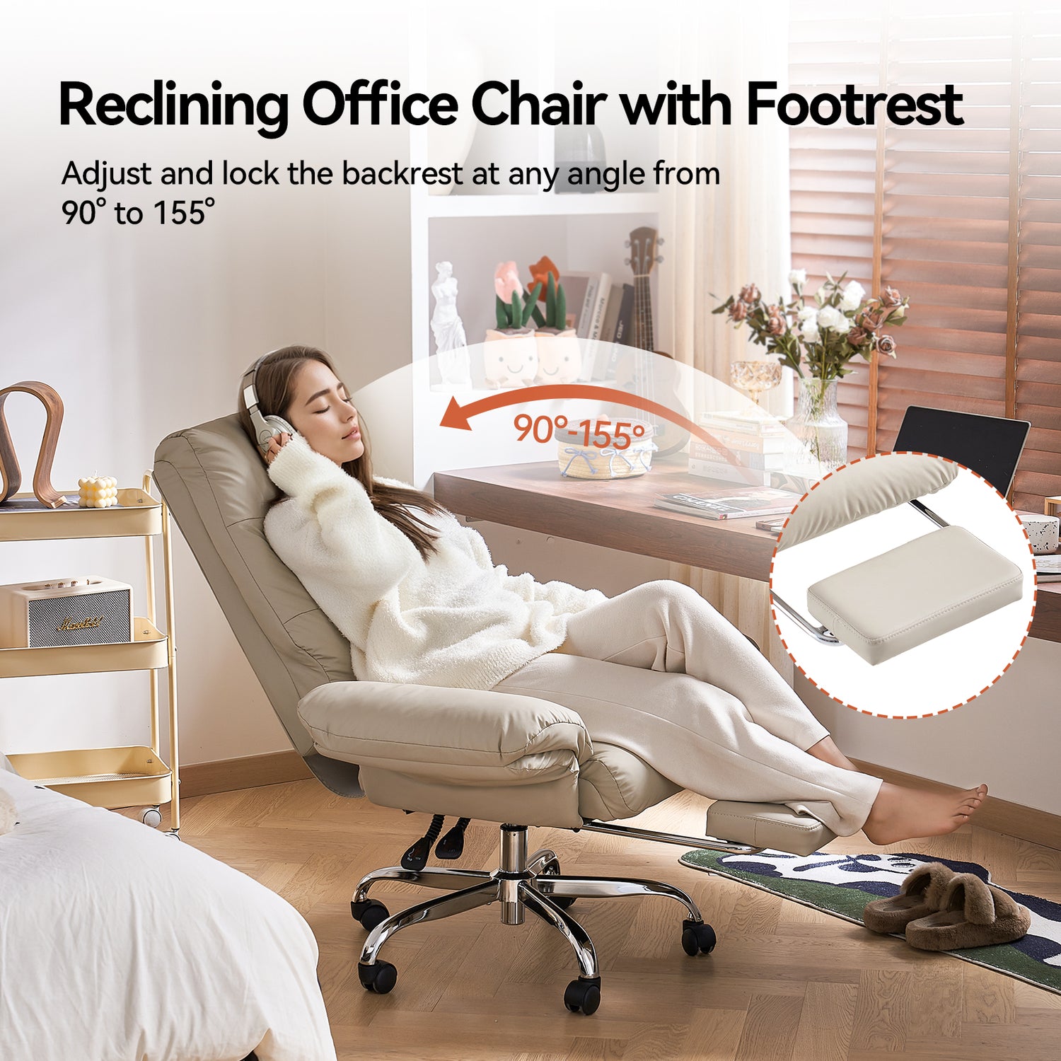 EMIAH C590 Office Chair with Foot Rest Criss Cross and Flip-up Arms Reclining Comfy PU Leather