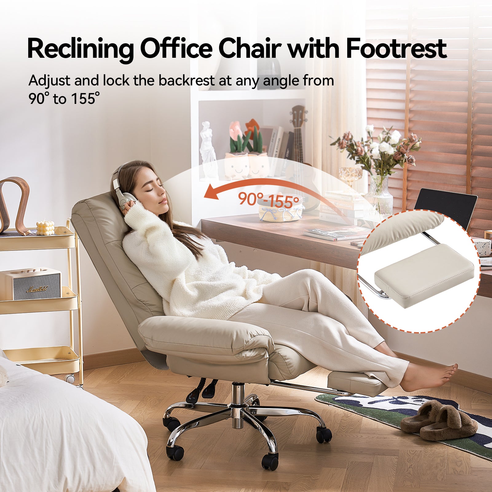 EMIAH C590 Office Chair with Foot Rest Criss Cross and Flip-up Arms Reclining Comfy PU Leather