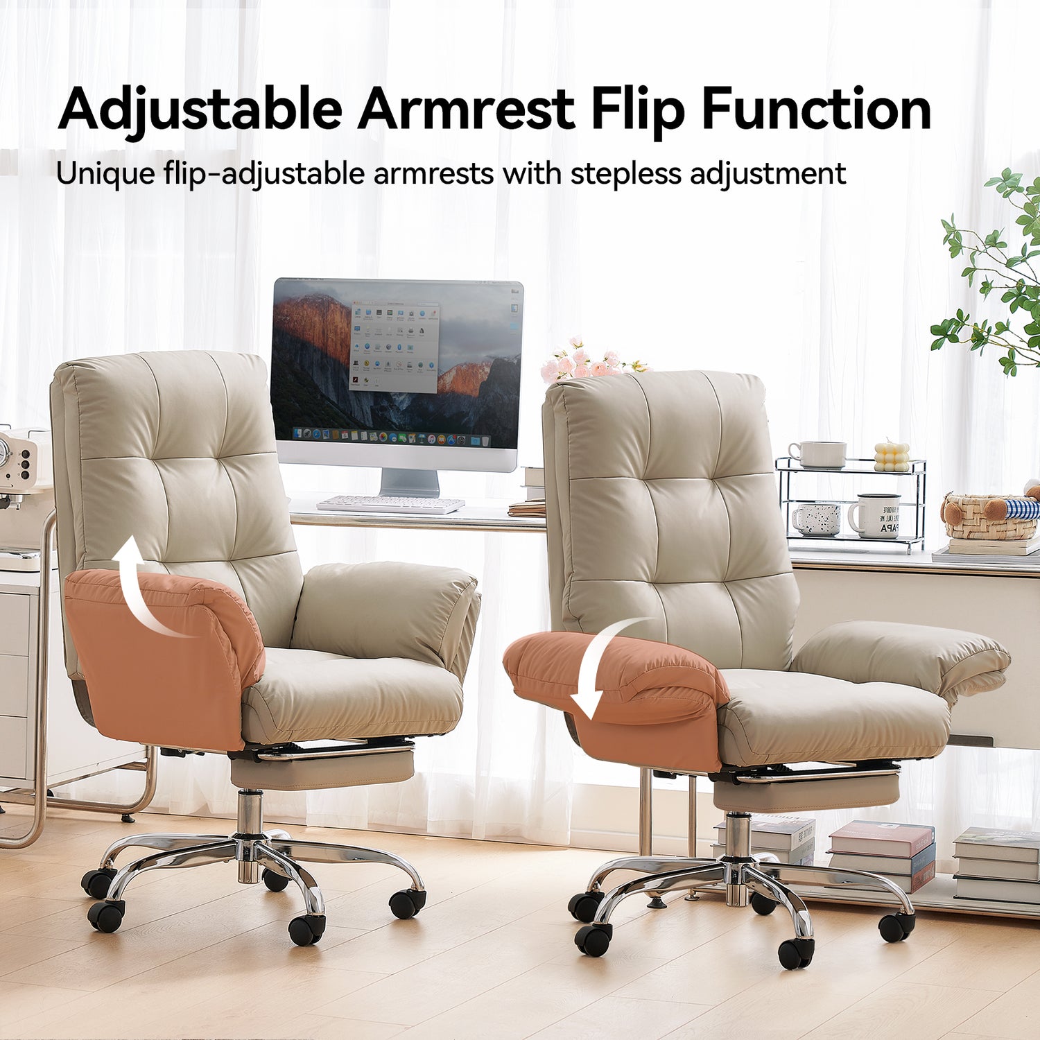 EMIAH C590 Office Chair with Foot Rest Criss Cross and Flip-up Arms Reclining Comfy PU Leather