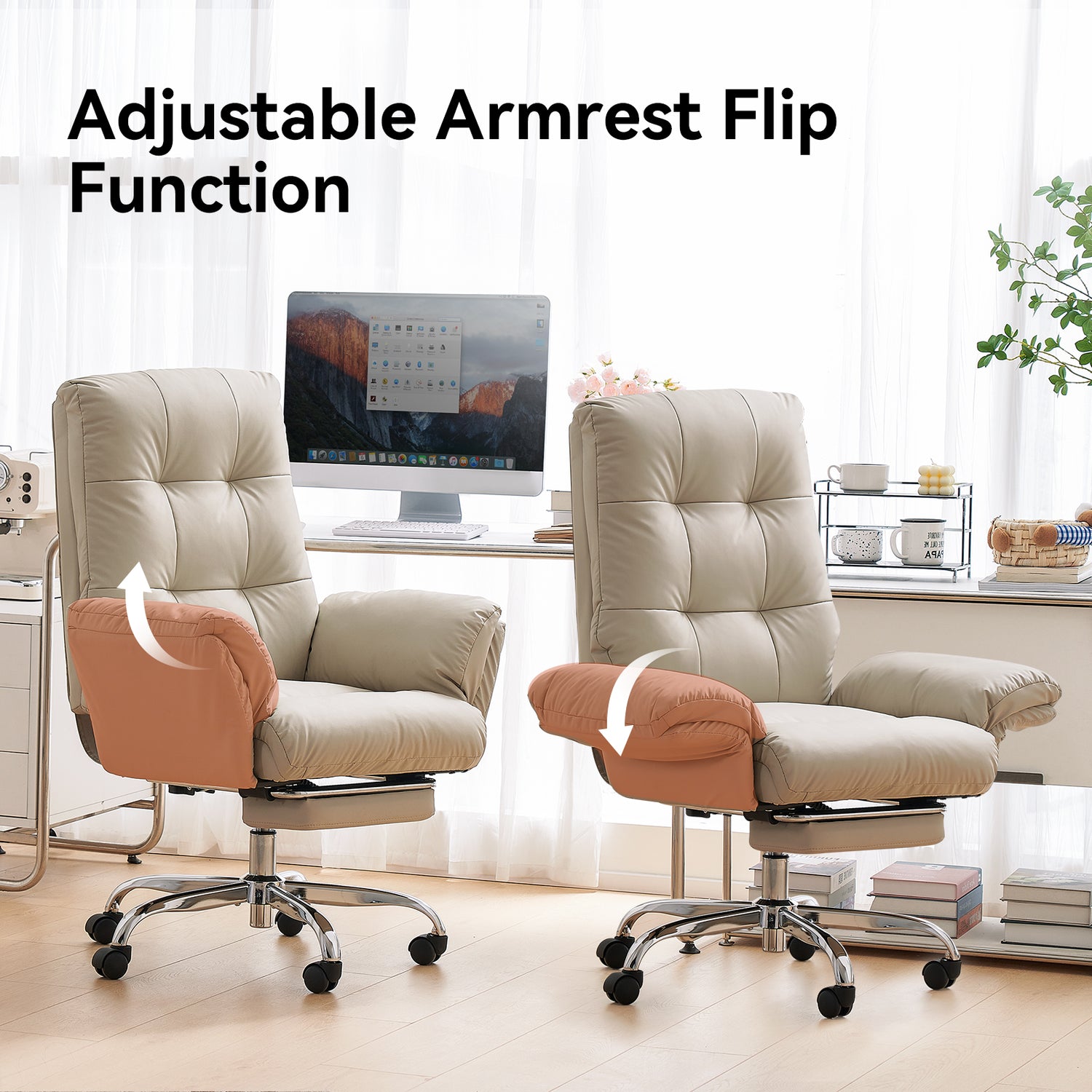 EMIAH C590 Office Chair with Foot Rest Criss Cross and Flip-up Arms Reclining Comfy PU Leather