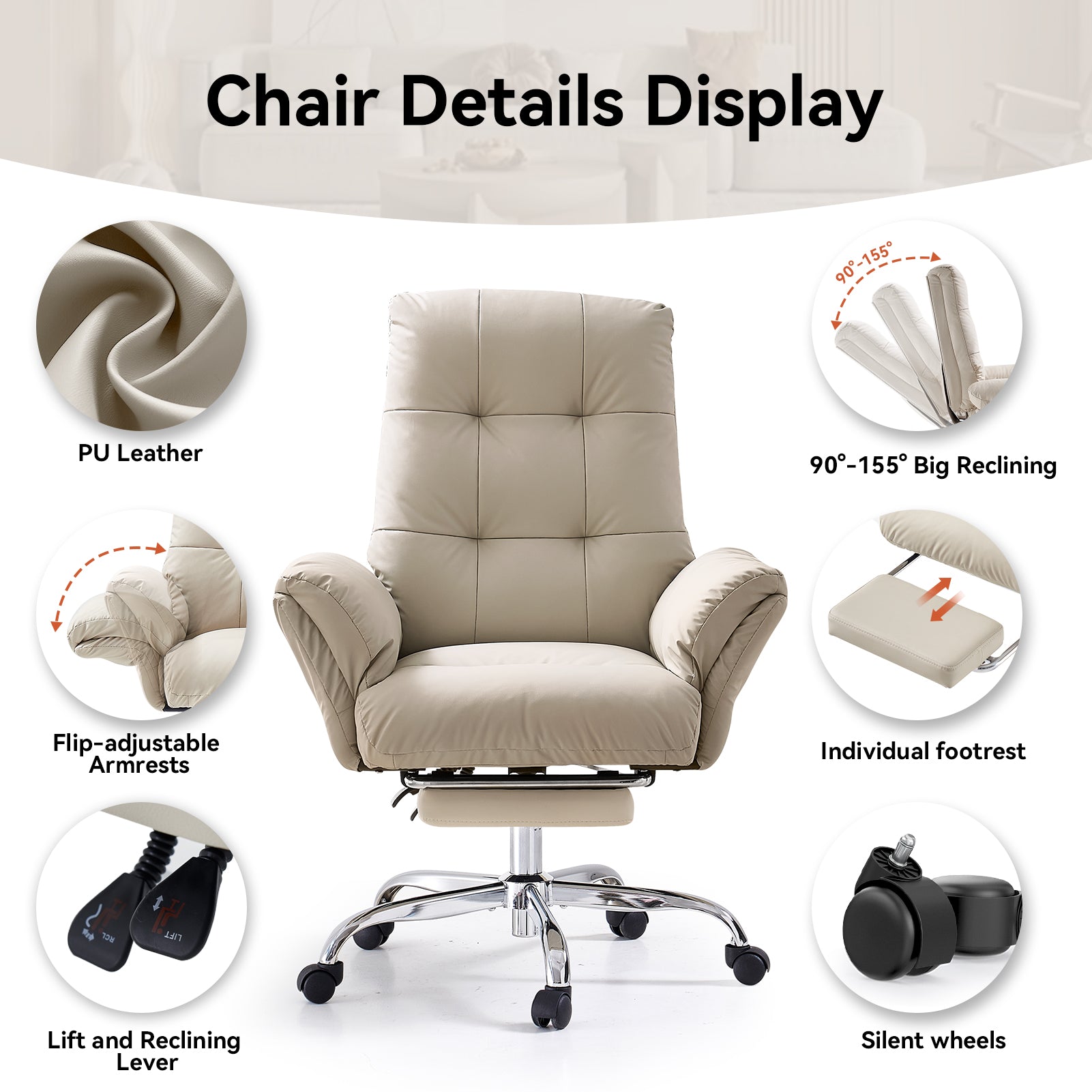 EMIAH C590 Office Chair with Foot Rest Criss Cross and Flip-up Arms Reclining Comfy PU Leather